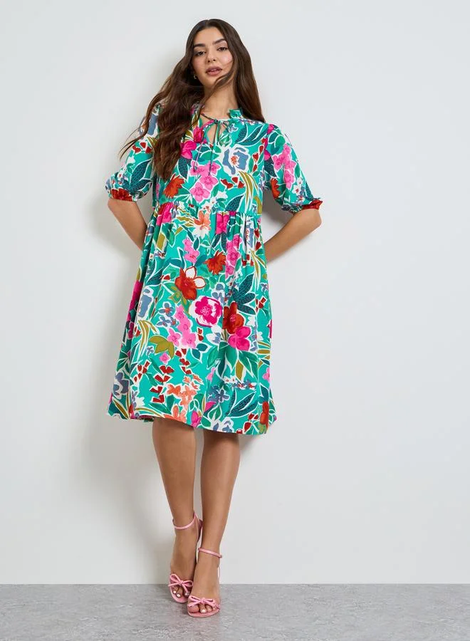 Take Two Green Tropical Print Knee-Length Dress