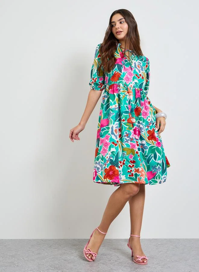 Take Two Green Tropical Print Knee-Length Dress