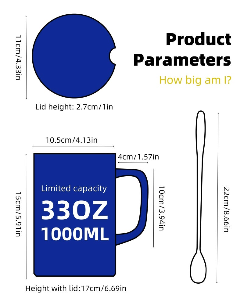 WEOPYCJ Extra Large Coffee Mug 33 oz, Super Big Ceramic Mug with Lid and Handle, Oversized Coffee Mugs Big Tea Mug for Office and Home (Blue) - Image 2