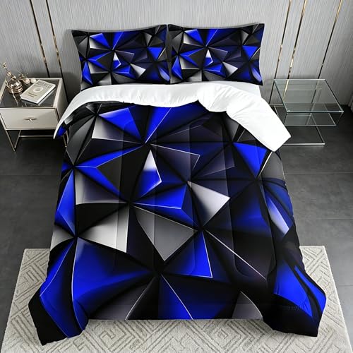 UEVBF Blue and Black Bedding Set Twin Size,Geometric Pattern Comforter Set for Kids Boys Girls Geometry Room Decor,Art Aesthetic Bedding with 2 Pillowcases. - Image 1