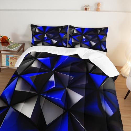 UEVBF Blue and Black Bedding Set Twin Size,Geometric Pattern Comforter Set for Kids Boys Girls Geometry Room Decor,Art Aesthetic Bedding with 2 Pillowcases. - Image 3