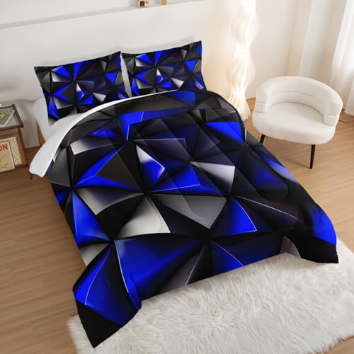 UEVBF Blue and Black Bedding Set Twin Size,Geometric Pattern Comforter Set for Kids Boys Girls Geometry Room Decor,Art Aesthetic Bedding with 2 Pillowcases. - Image 2