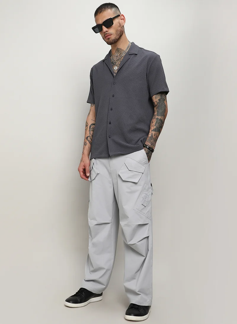 Campus Sutra Men's Charcoal Grey Self-Design Block Shirt