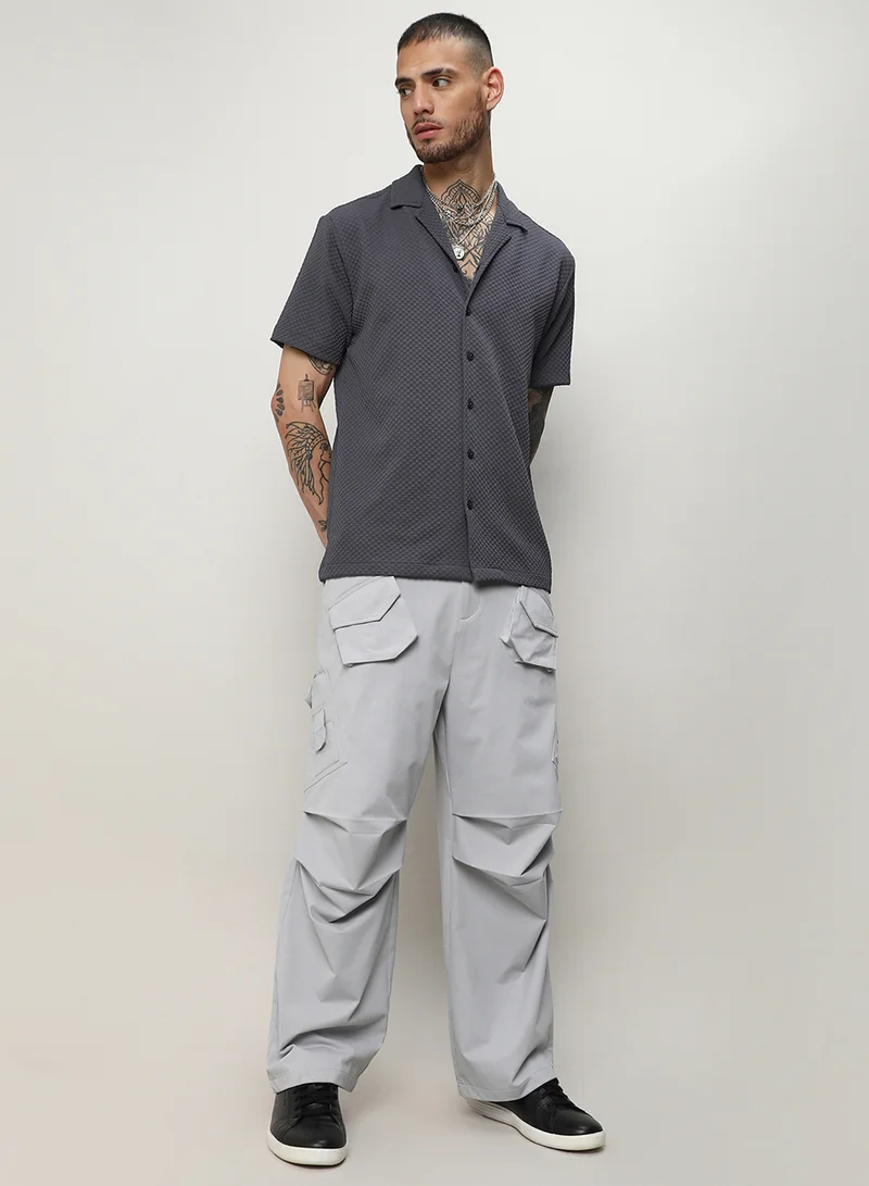 Campus Sutra Men's Charcoal Grey Self-Design Block Shirt