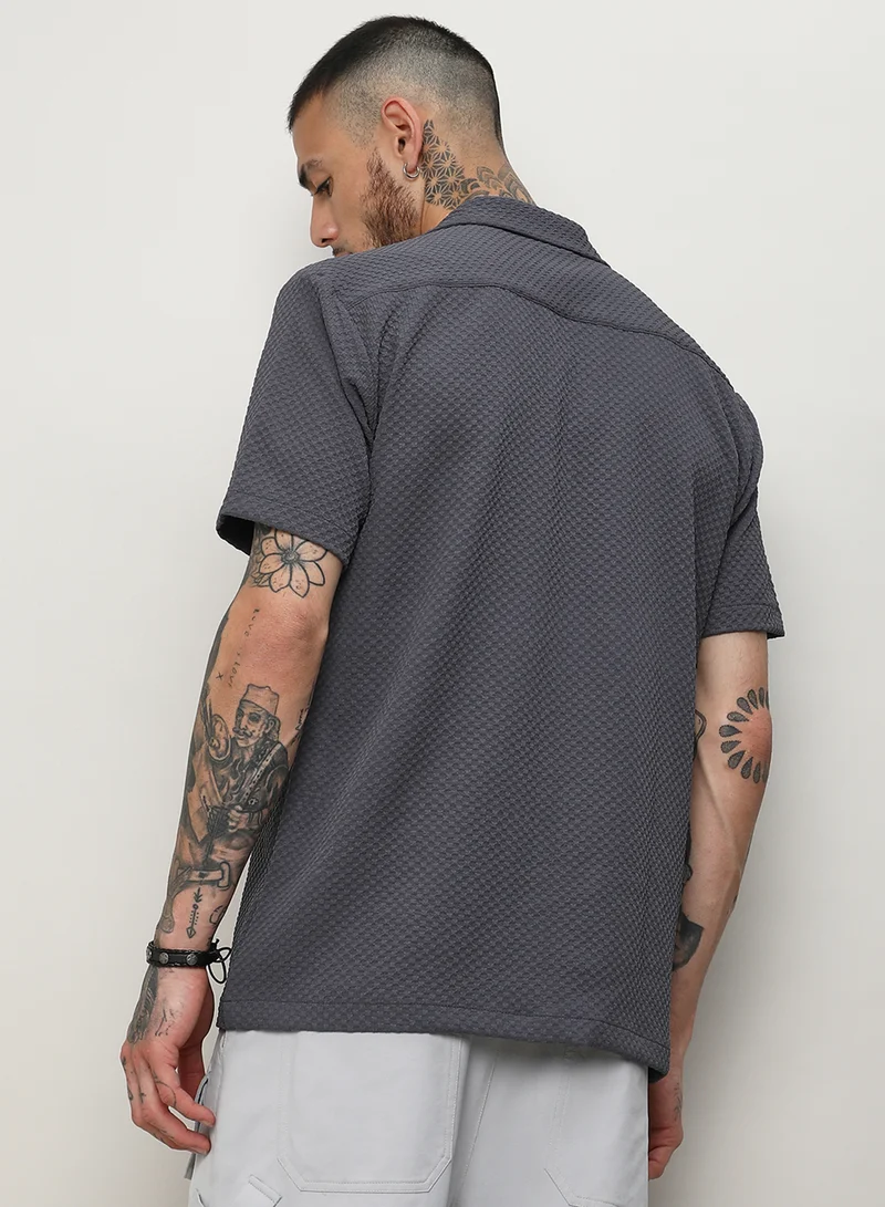 Campus Sutra Men's Charcoal Grey Self-Design Block Shirt