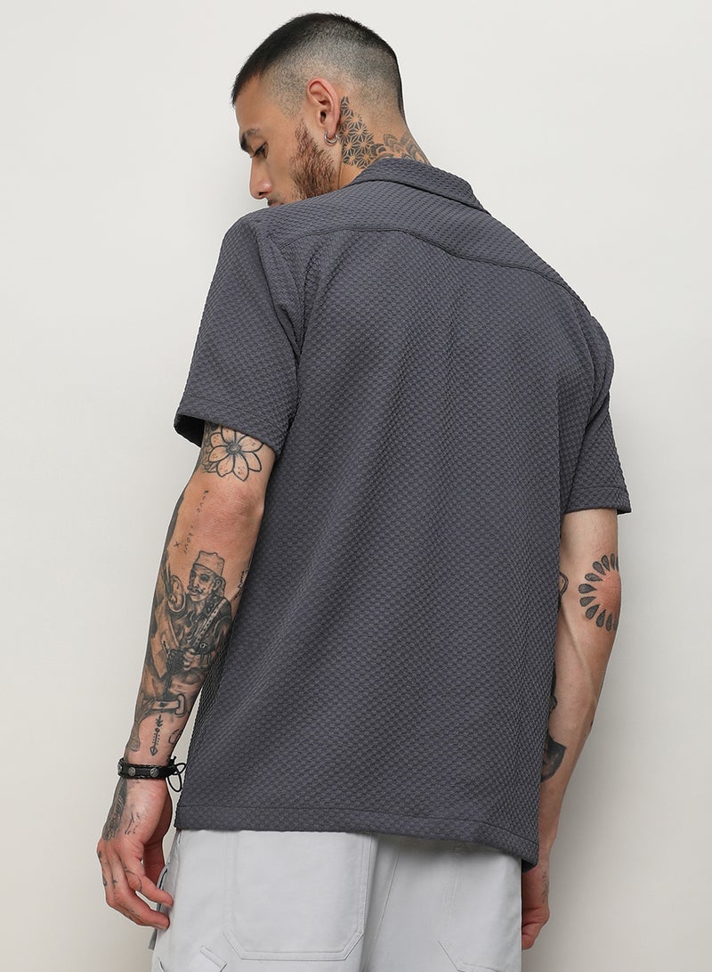 Campus Sutra Men's Charcoal Grey Self-Design Block Shirt - Image 5