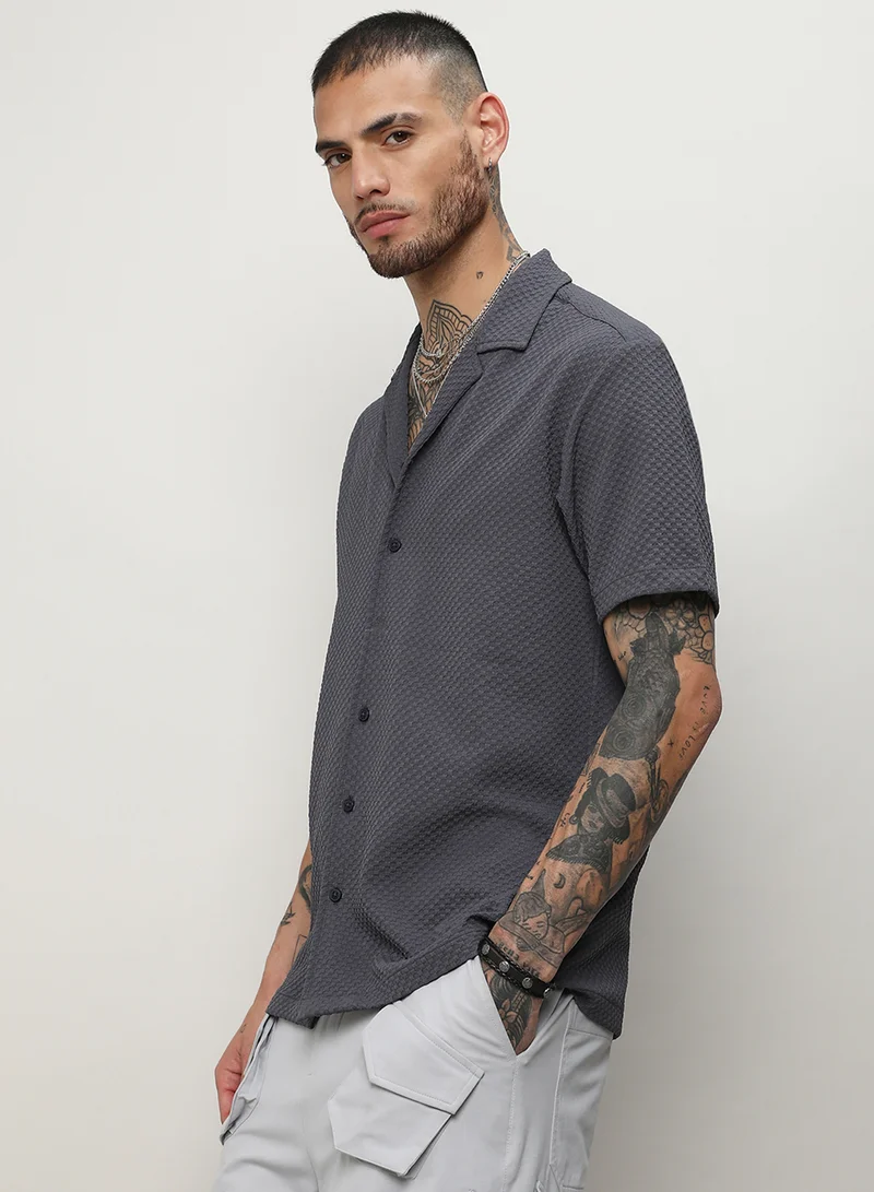 Campus Sutra Men's Charcoal Grey Self-Design Block Shirt