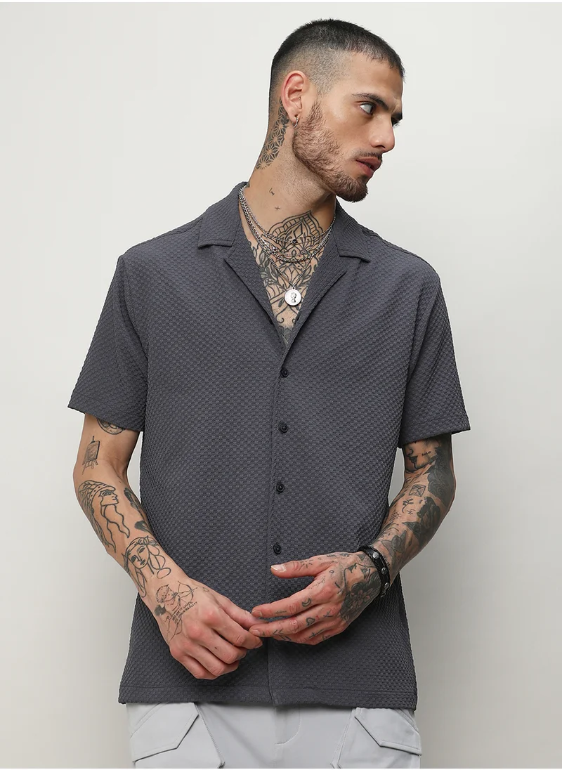 Campus Sutra Men's Charcoal Grey Self-Design Block Shirt