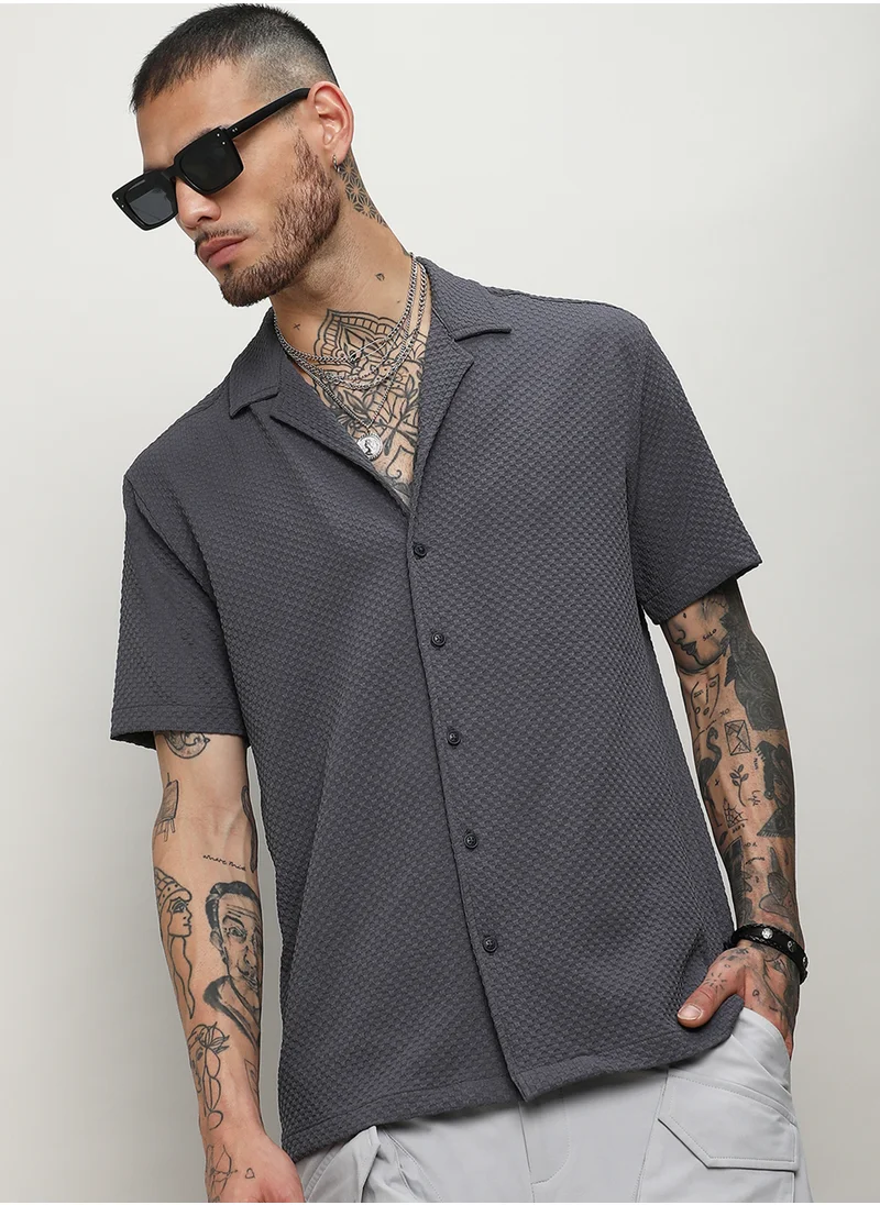 Campus Sutra Men's Charcoal Grey Self-Design Block Shirt