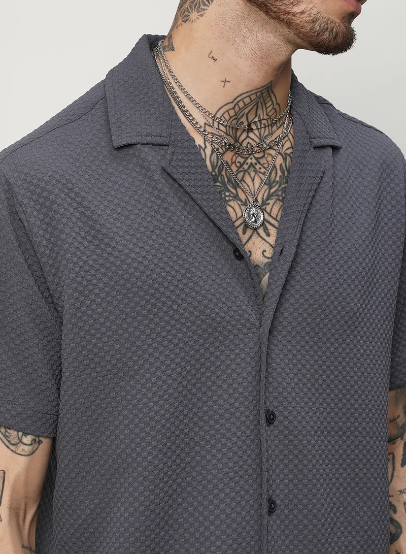 Campus Sutra Men's Charcoal Grey Self-Design Block Shirt