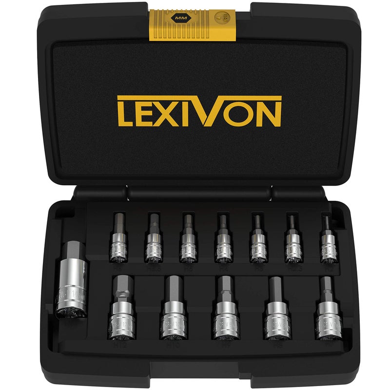 طقم مفاتيح بت سداسية LEXIVON من الفولاذ س2 المتميز 13 قطعة مقياس 2 مم 14 مم مع صندوق تخزين معزز LX141