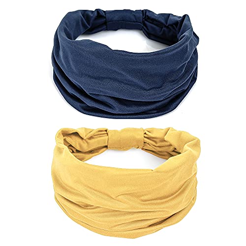 GiLi 2 Pack Wide Headbands for Women Boho African Knotted Non Slip Fashion Hair Bands Yoga Running Sports Workout Gym Head Wraps Elastic Soft Cotton Cloth Turbans Bandana for Girls(Yellow,Navy) - Image 1