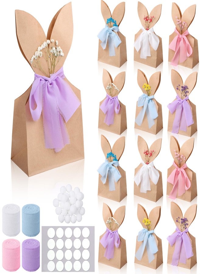 MIMIND 30 Set Easter Bunny Party Favor Bags DIY Brown Bunnies Gift Boxes with Neutral Bow Ribbon Artificial Flowers Rustic Paper Rabbit Ears Goodie Treat Bags Bulk for Birthday Easter Spring - Image 1