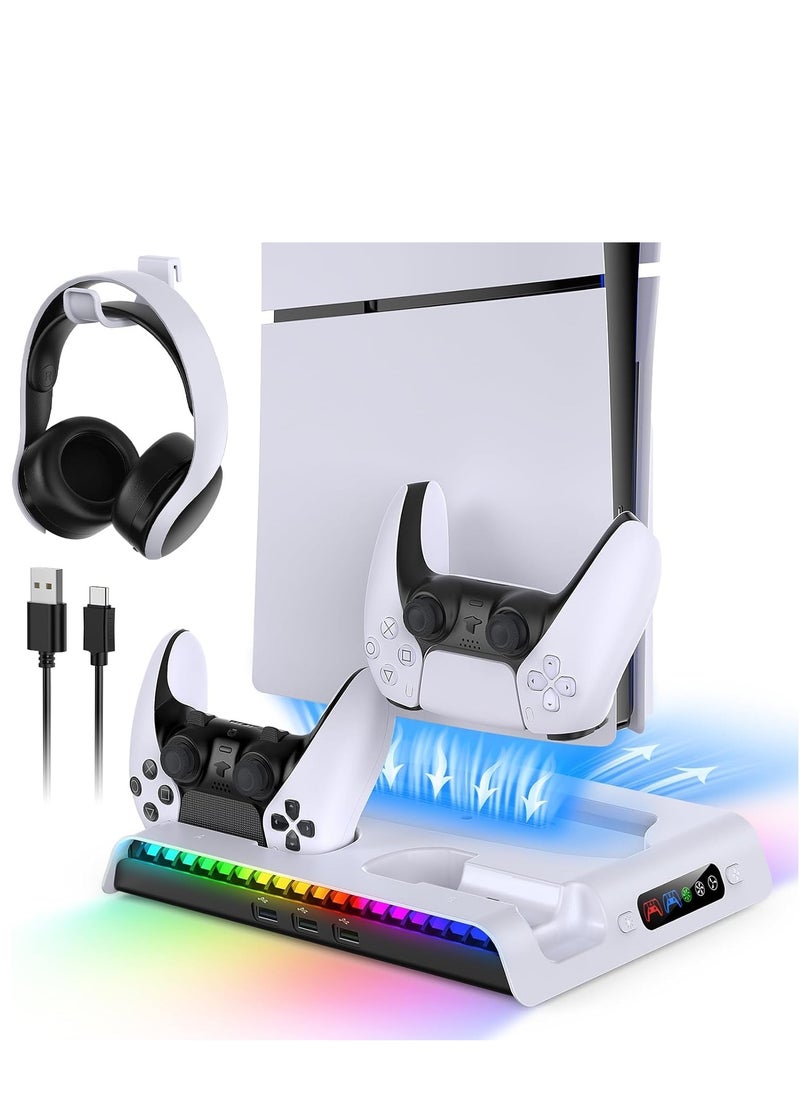 Ipega - PS5 Slim Cooling Stand with Controller Charging Station for PS5 Slim Console (Digital/Disc), PlayStation 5 Slim Accessories Includes RGB Lights & Headset Hook, 3-Level Silent Fan, 3 USB Port - Image 1