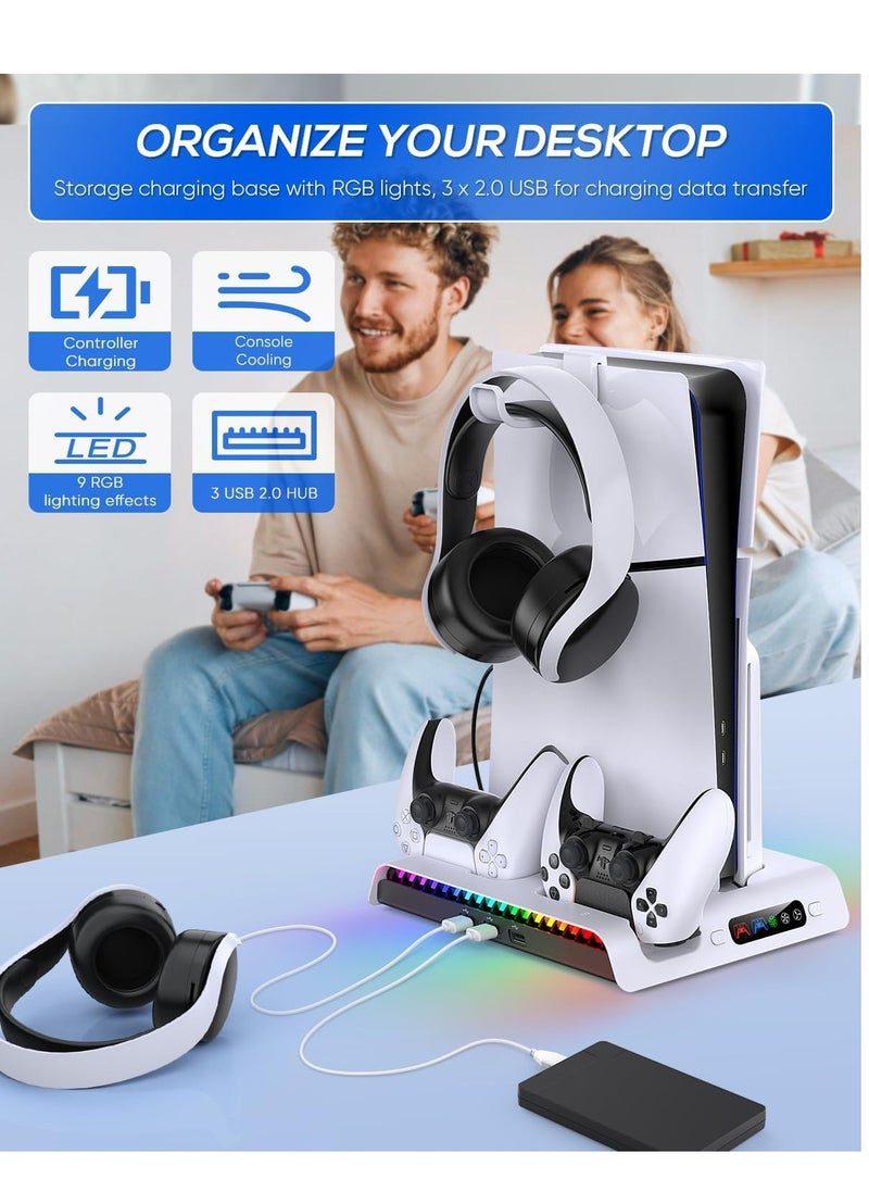 Ipega - PS5 Slim Cooling Stand with Controller Charging Station for PS5 Slim Console (Digital/Disc), PlayStation 5 Slim Accessories Includes RGB Lights & Headset Hook, 3-Level Silent Fan, 3 USB Port - Image 1