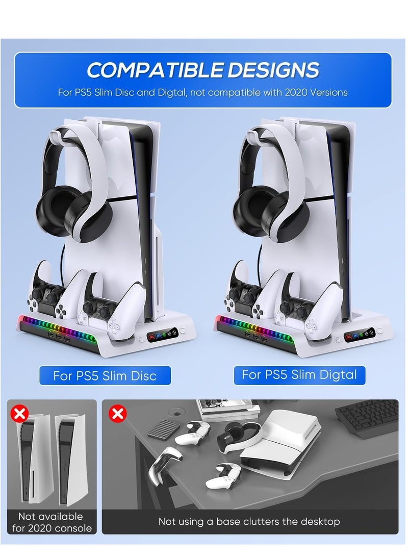 Ipega - PS5 Slim Cooling Stand with Controller Charging Station for PS5 Slim Console (Digital/Disc), PlayStation 5 Slim Accessories Includes RGB Lights & Headset Hook, 3-Level Silent Fan, 3 USB Port - Image 1