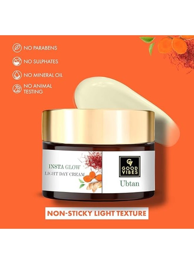 Good Vibes Ubtan Insta Glow Light Day Cream, 50 g | Brightening Nourishing Hydrating Face Moisturizer For All Skin Types | With Turmeric, Saffron, Vitamin B3 | No Parabens, Sulphates & Mineral Oil - Image 3