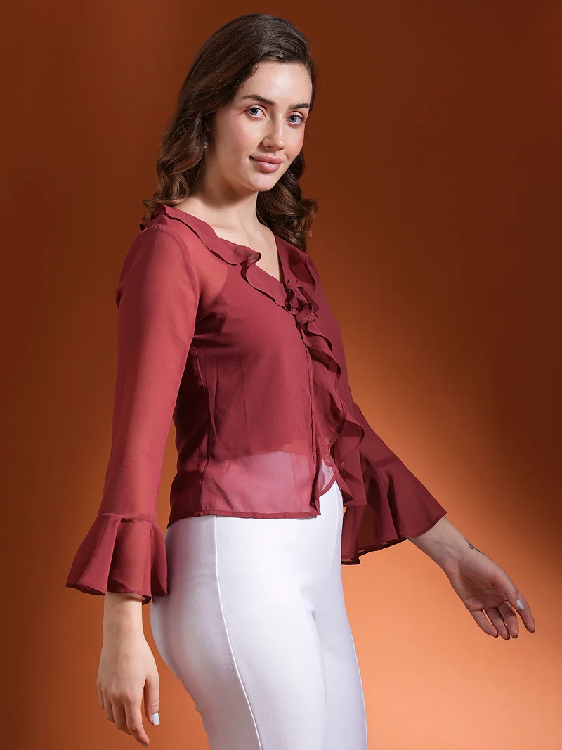 globus Women Bell Sleeve Ruffles Georgette Top