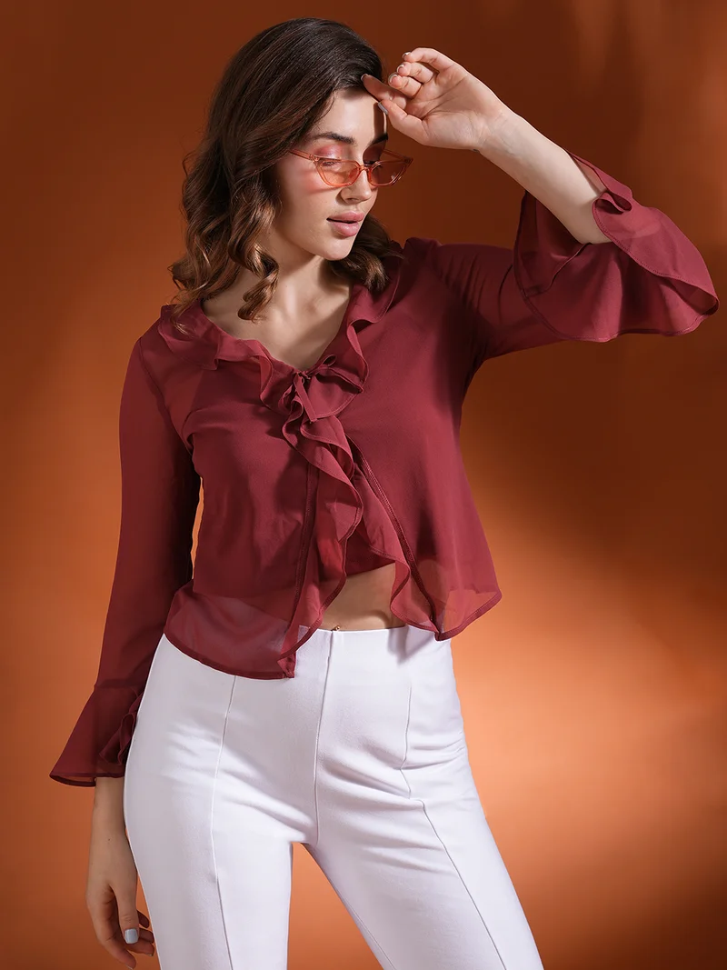globus Women Bell Sleeve Ruffles Georgette Top