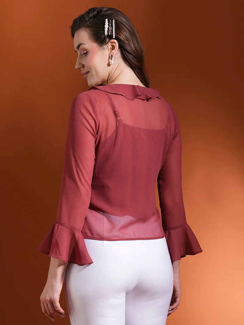 globus Women Bell Sleeve Ruffles Georgette Top