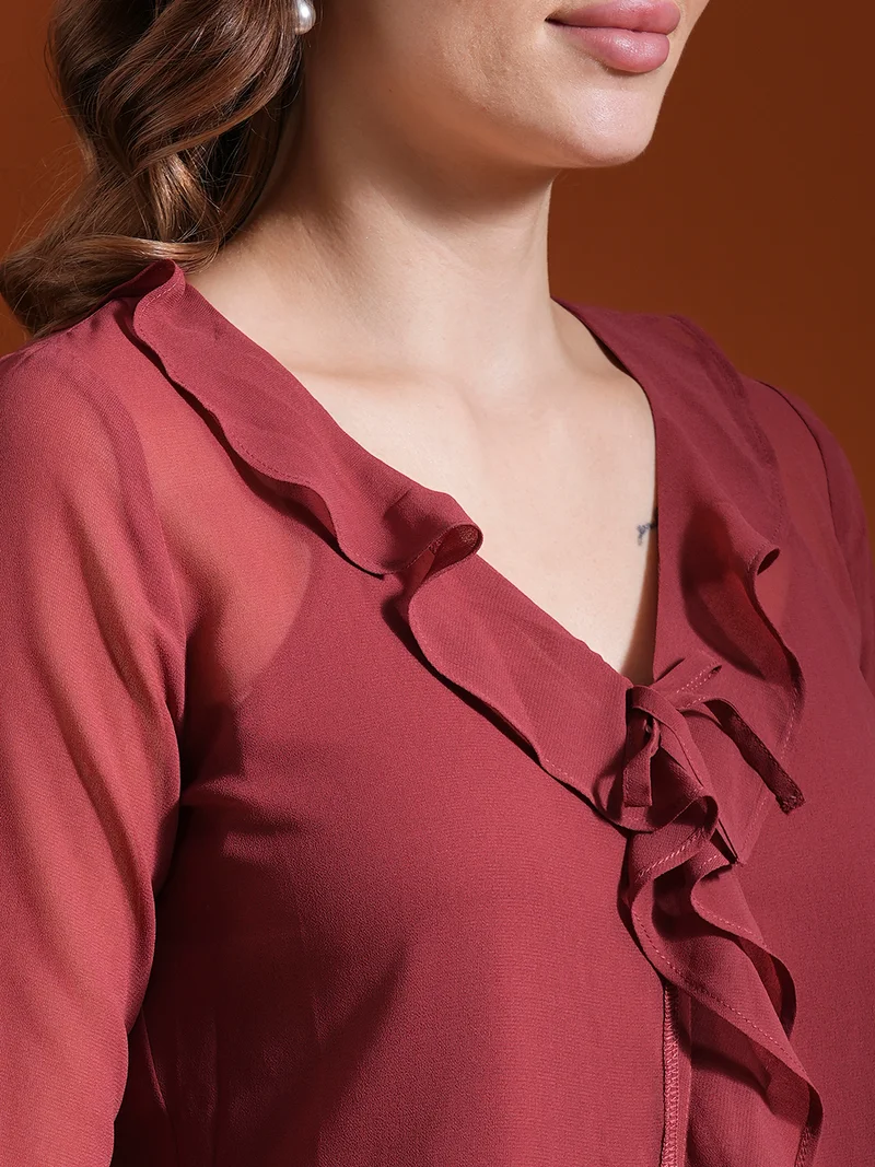 globus Women Bell Sleeve Ruffles Georgette Top