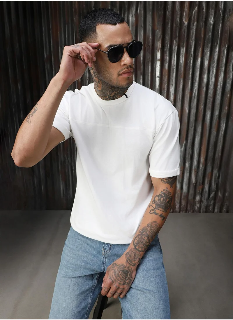 HIGH STAR Men's White 100% Cotton Solid Relaxed Fit T-Shirt