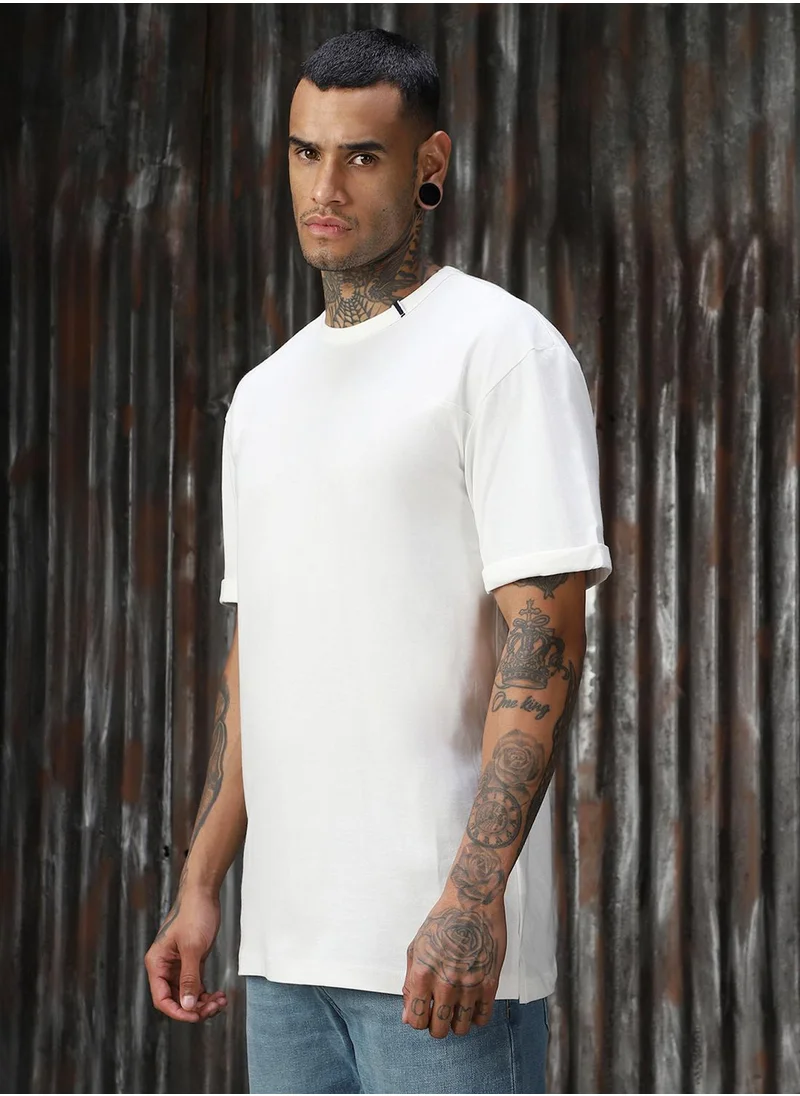 HIGH STAR Men's White 100% Cotton Solid Relaxed Fit T-Shirt