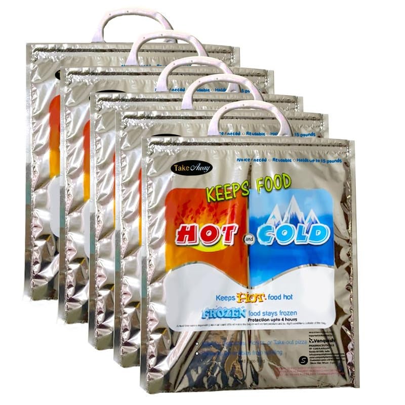 Hot and Cold Small Bag for Food Storage, Reusable Thermal Bag, Aluminium Foil bag (3 Layer Protection, Size – 35 x 30 cm) (Pack of 5 Bags)
