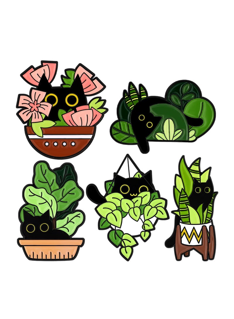 SOLARAE Cats Hidden in Potted Plants Enamel Pins Set, Cute Black Cat Pins for Women Kids, Animal Enamel Brooch Badges Pins for Bags Clothing - Image 1