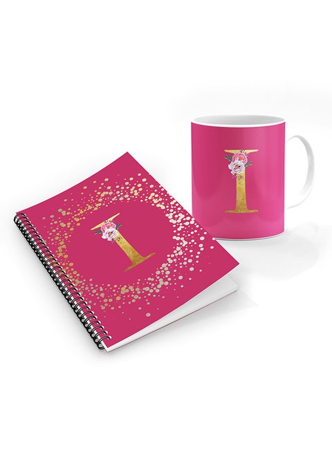 Printed Coffee Mug + A5 Spiral Notebook Memo Personalised Combo Gift Set Custom Monogram Initial Letter Floral Pattern Alphabet -  I (Pink Rose)