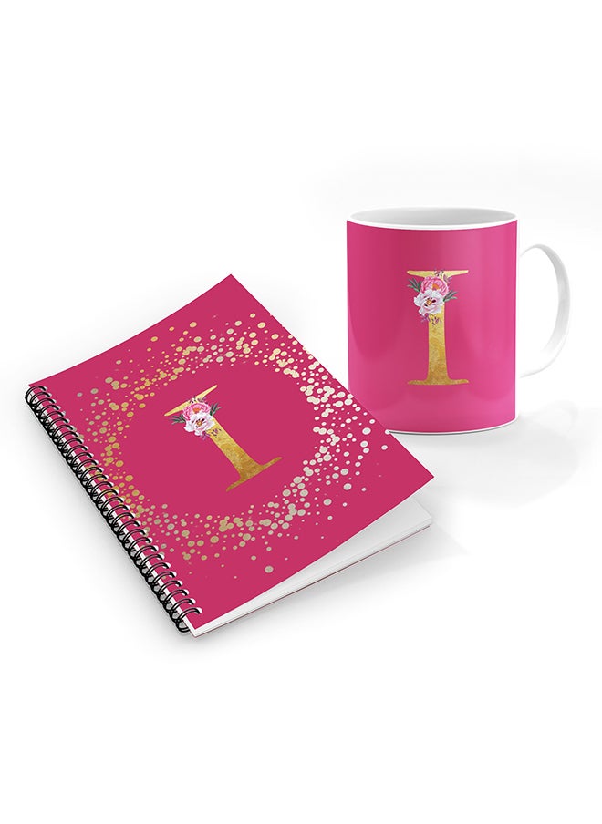 Printed Coffee Mug + A5 Spiral Notebook Memo Personalised Combo Gift Set Custom Monogram Initial Letter Floral Pattern Alphabet -  I (Pink Rose)