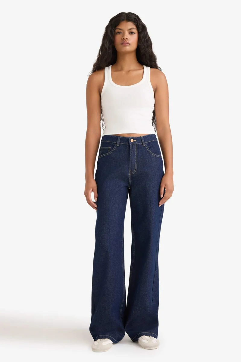 ديفاكتو Straight Wide Leg High Waist Long Jeans