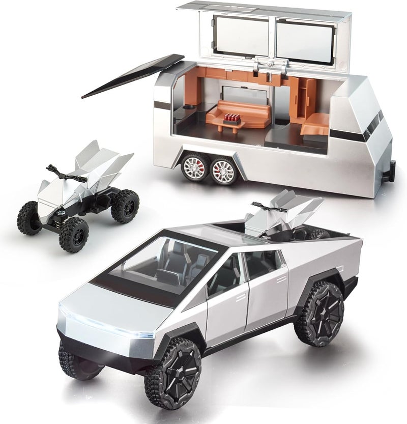 stochastic box Pickup Truck with Trailer and Motorcycle 1/24 Diecast with Lights and Sounds Cybertruck Metal Toy Cars for Kids Adults Boys Silver - Image 1