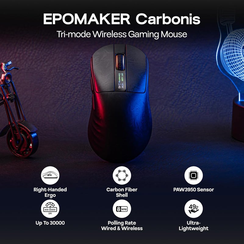 EPOMAKER Carbonis Wireless Gaming Mouse with Display Screen, PAW3950 Sensor&8K Polling, 400 to 30,000 DPI Adjustable, Carbon Fiber Shell, Lightweight Gaming Mouse for PC/Mac/Linux(Black) - Image 1
