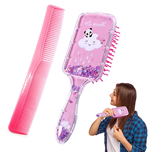 Junwapy 2 Packs Hair Brush and Hair Comb Glitter Detangling Hair Brush with Pink Comb Set Soft Anti-static Massage Scalp Brush Easily Brushed Through Tangles for Women Girls Straight and Curly hair - Image 1