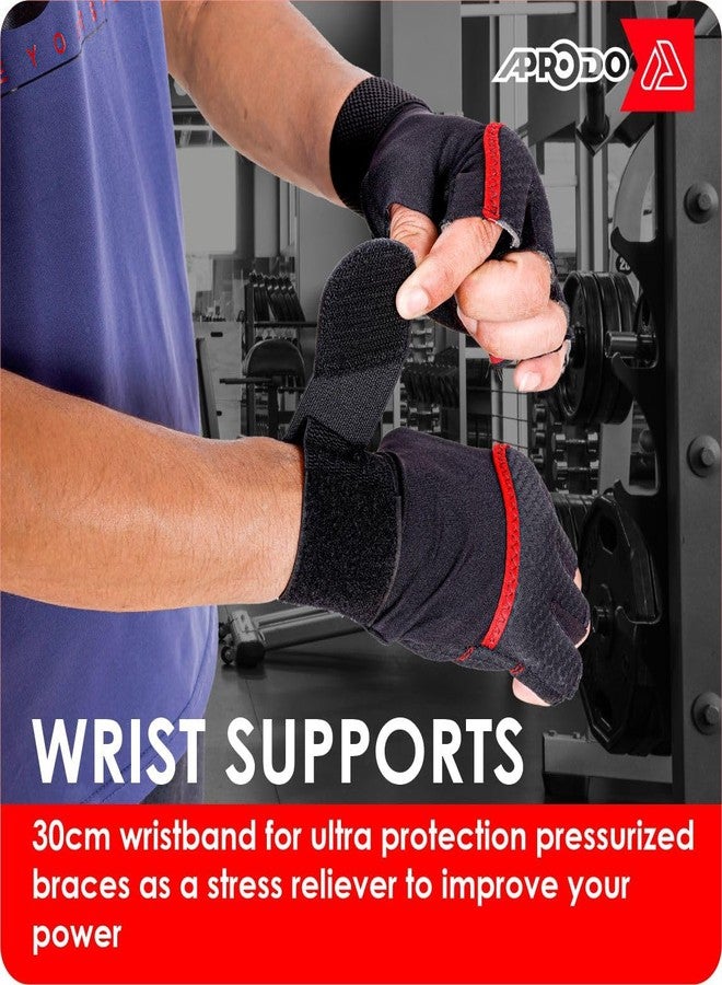 Aprodo Neoprene Half Finger Workout Gym Gloves with Wrist Support Strap | 1 Pair - Free Size (Red-Black) | Fitness Gloves with Breathable Non-Slip Grip | Wrist Band for Dumbbell, Exercise - Image 3