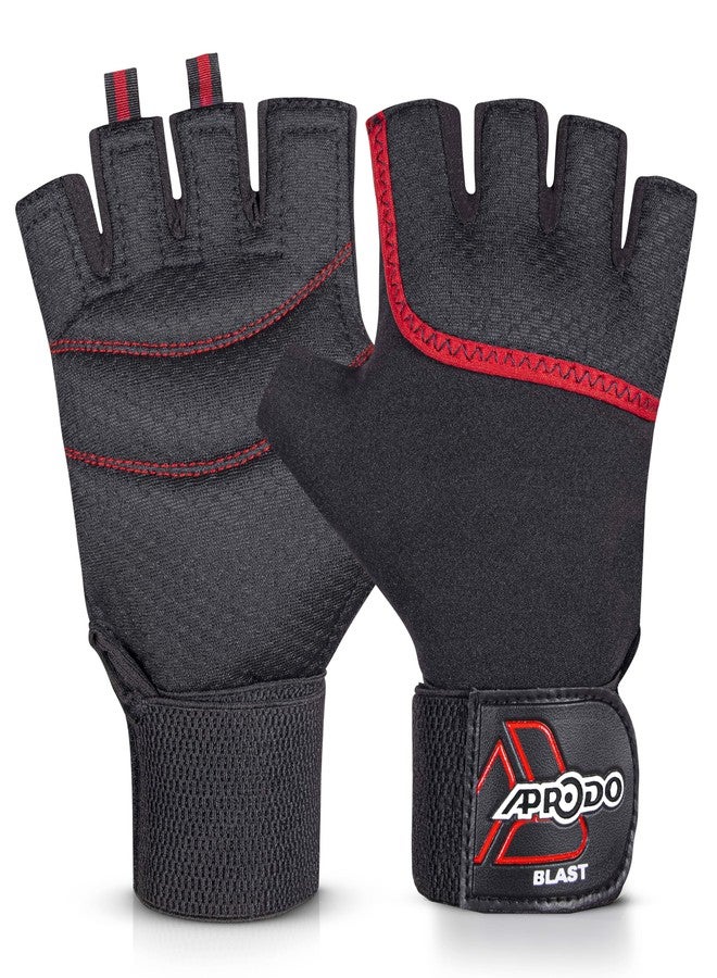Aprodo Neoprene Half Finger Workout Gym Gloves with Wrist Support Strap | 1 Pair - Free Size (Red-Black) | Fitness Gloves with Breathable Non-Slip Grip | Wrist Band for Dumbbell, Exercise - Image 1