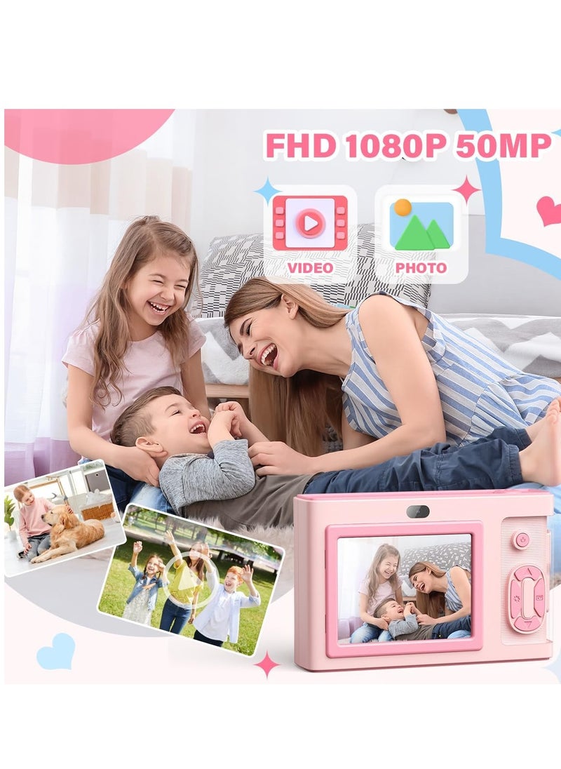 كاميرا رقمية للأطفال مع بطاقة 32 جيجابايت، تكبير 1080 بكسل 4X مضاد للاهتزاز وشاشة 2.4 بوصة، كاميرا صغيرة مدمجة بدقة 32 ميجابكسل هدية للمراهقين والبنات والبالغين باللون الوردي