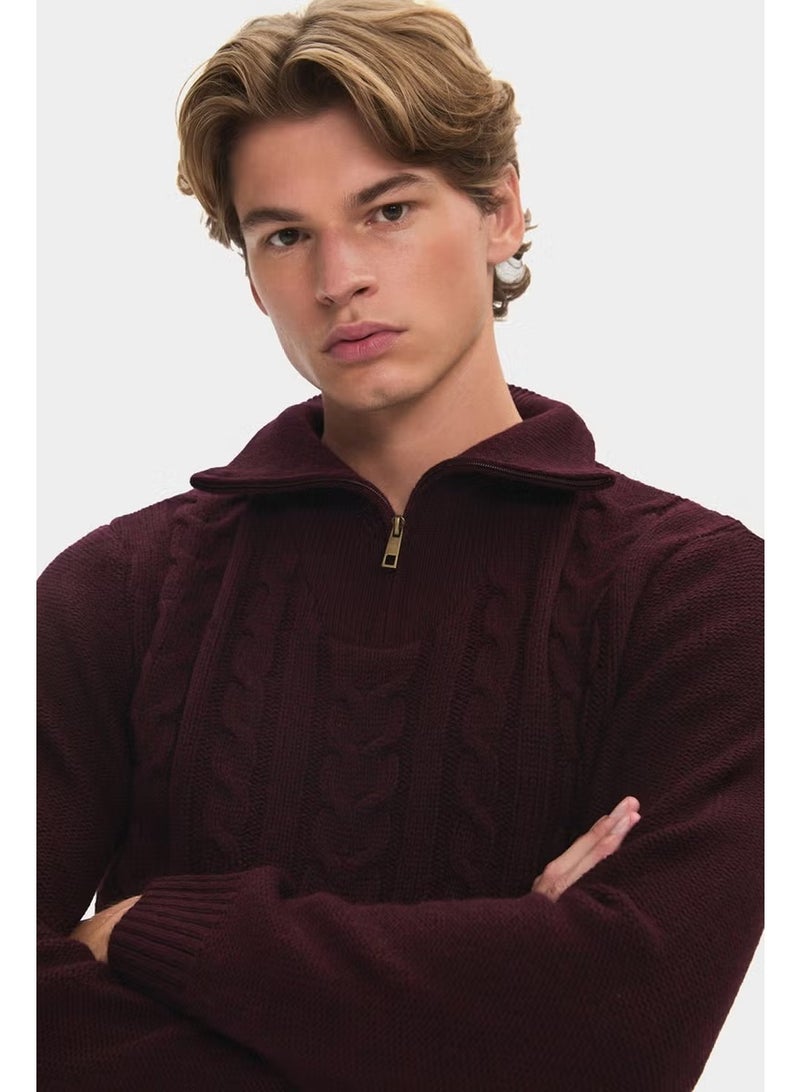JUNE Men's Regular Fit Turtleneck Knit Detail Zippered Knitwear Sweater - Image 1