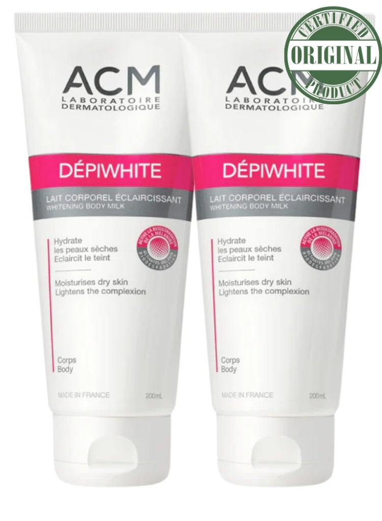 اكم لابرتوري ديرماتولوجيك حل البقع الداكنة وتفاوت لون الجسم – مجموعة كريم الجسم ACM Depiwhite (عدد 2 × 200 مل) لتفتيح البشرة وعلاج التصبغات - Image 1