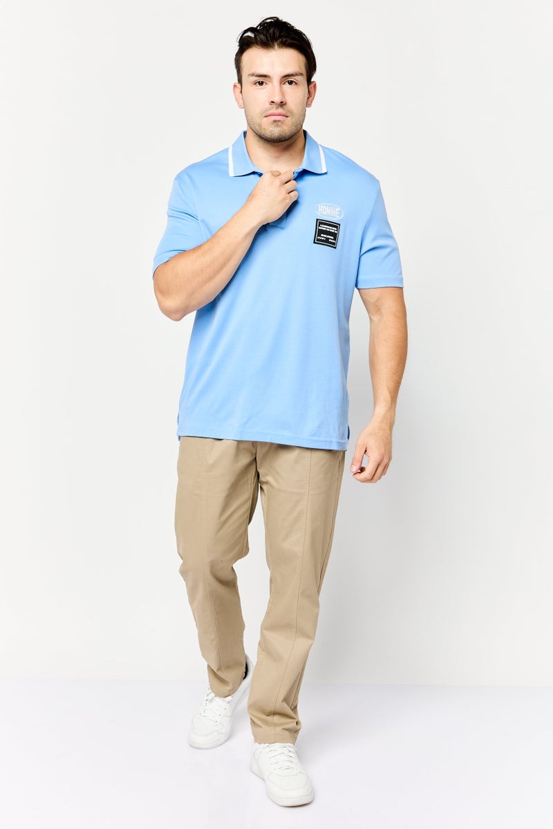 SELECTED Men Drop Shoulder Fit Embroidered Short Sleeves Polo Shirt, Blue - Image 2