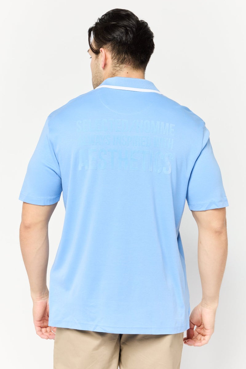 SELECTED Men Drop Shoulder Fit Embroidered Short Sleeves Polo Shirt, Blue - Image 4