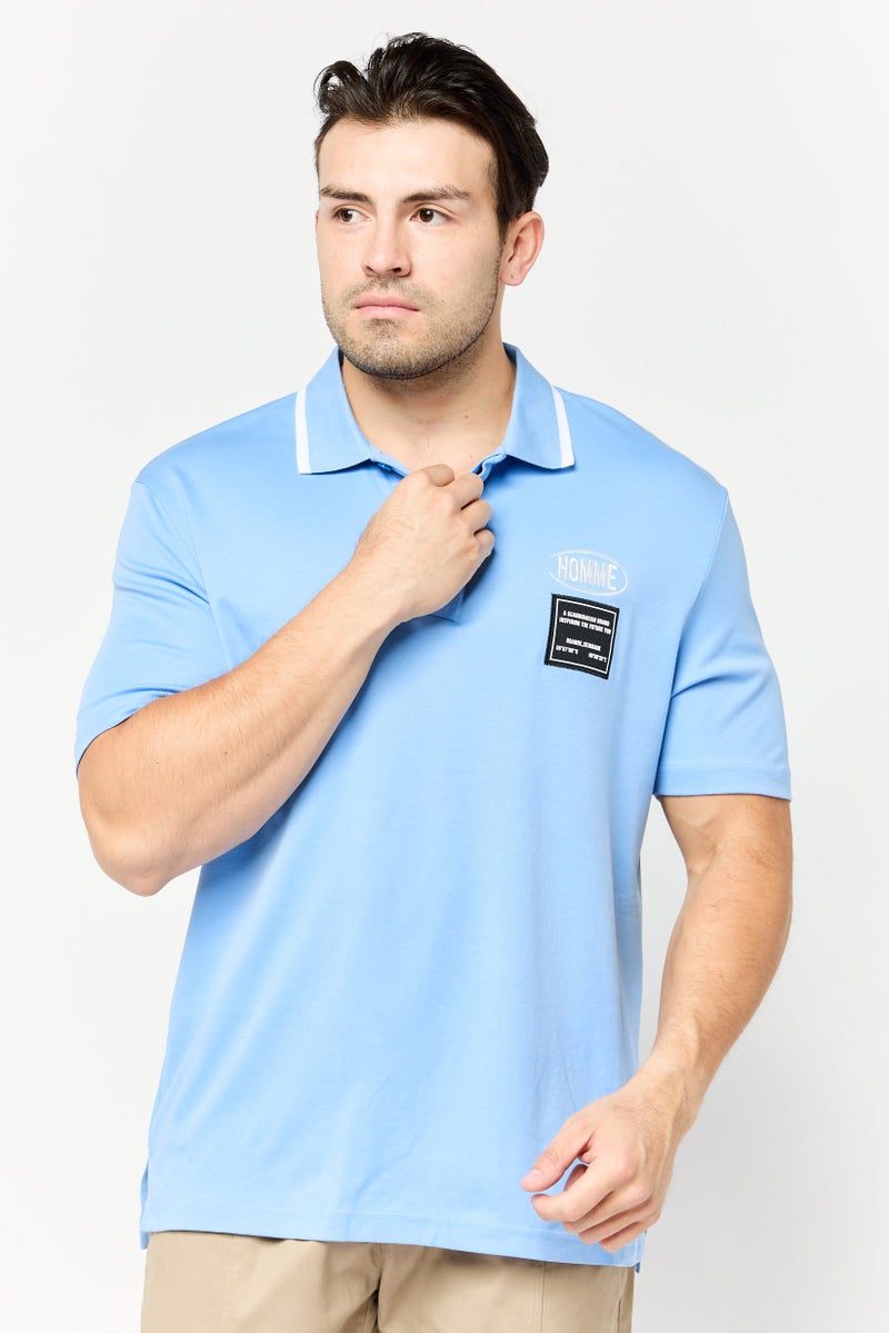 SELECTED Men Drop Shoulder Fit Embroidered Short Sleeves Polo Shirt, Blue - Image 1