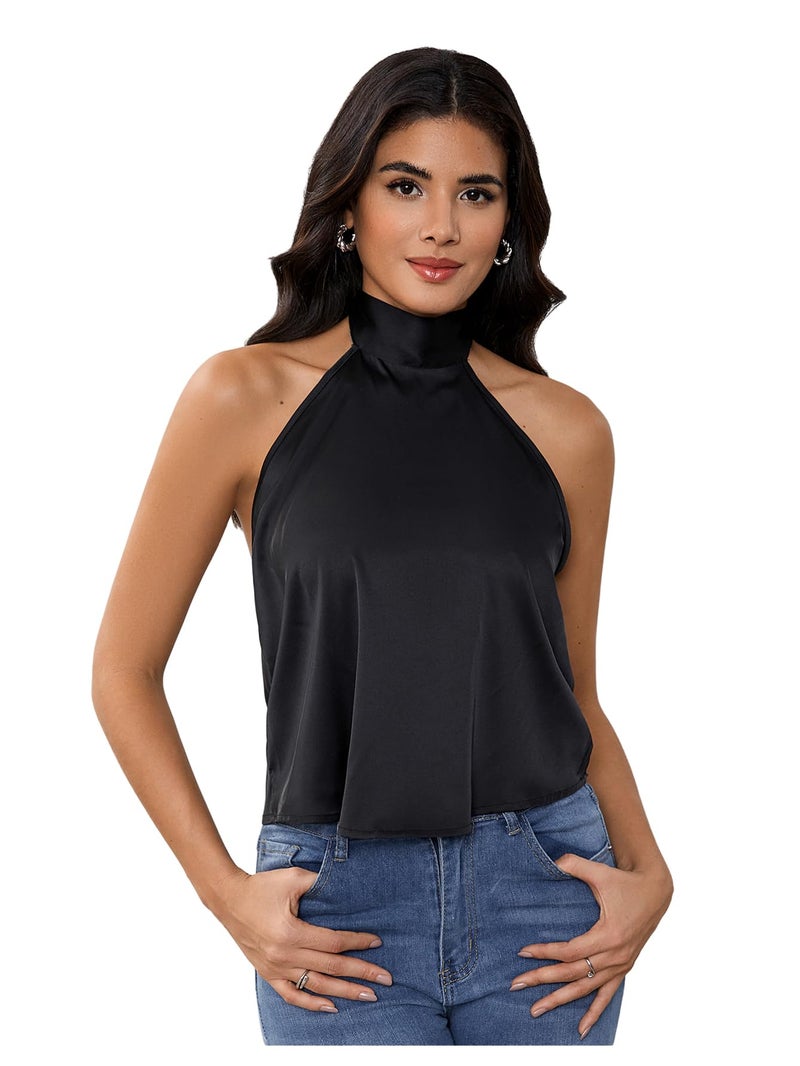MakeMeChic Women's Satin Silk Backless Halter Tops High Neck Sleeveless Camisole Summer Classy Going Out Top Black Large - Image 1