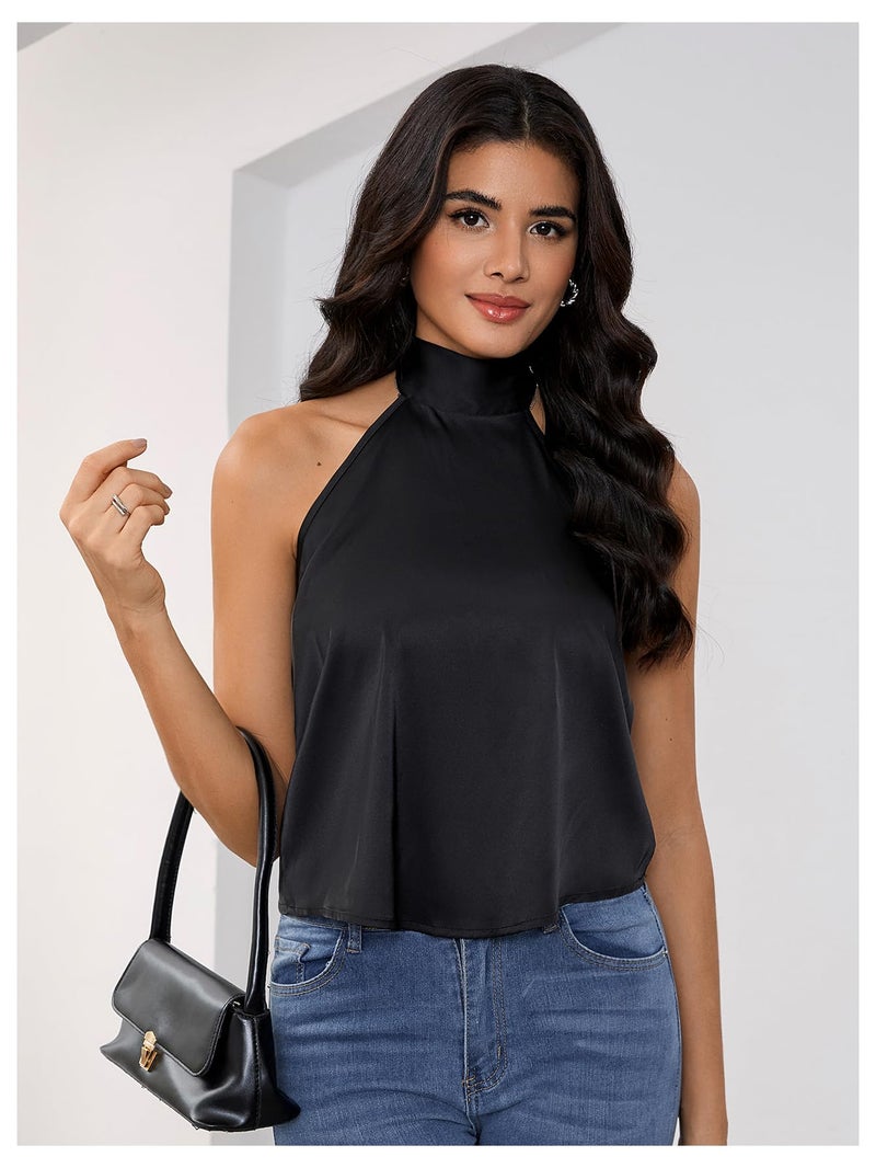 MakeMeChic Women's Satin Silk Backless Halter Tops High Neck Sleeveless Camisole Summer Classy Going Out Top Black Large - Image 4