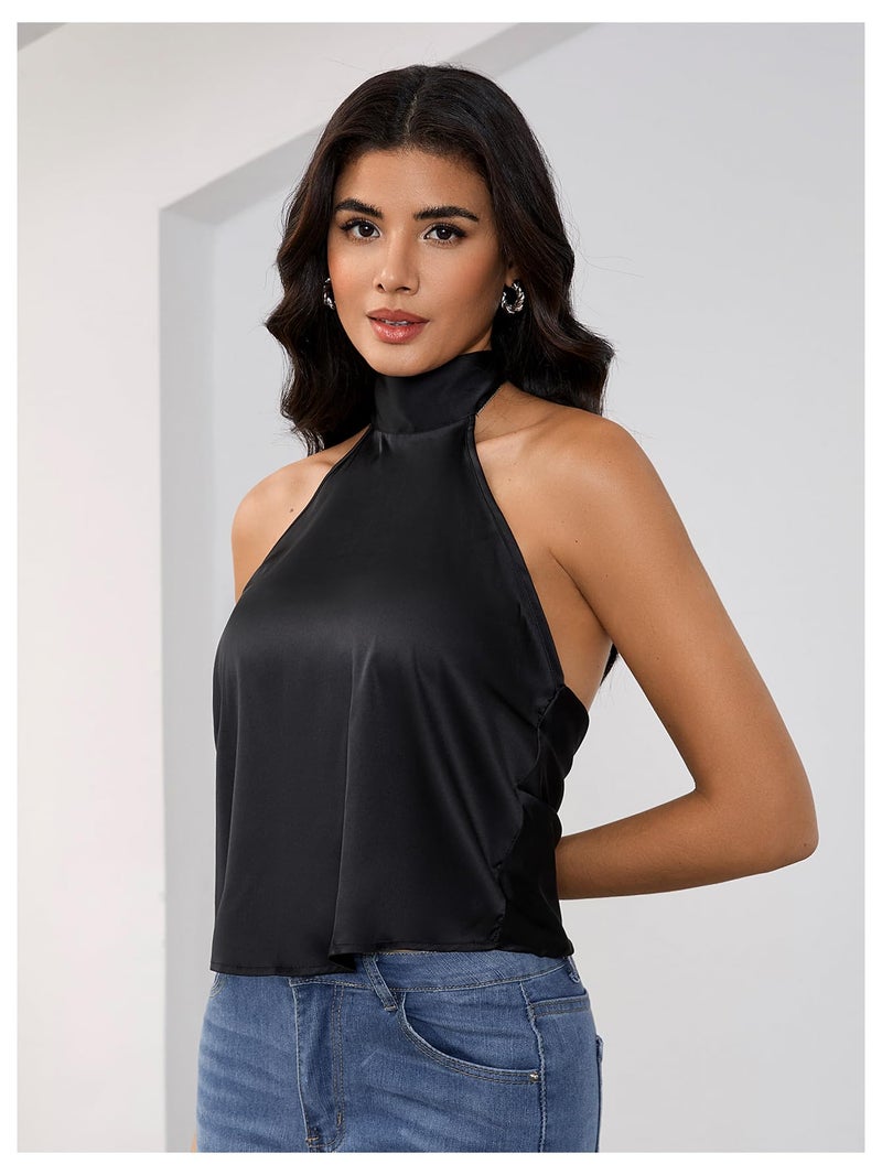 MakeMeChic Women's Satin Silk Backless Halter Tops High Neck Sleeveless Camisole Summer Classy Going Out Top Black Large - Image 5