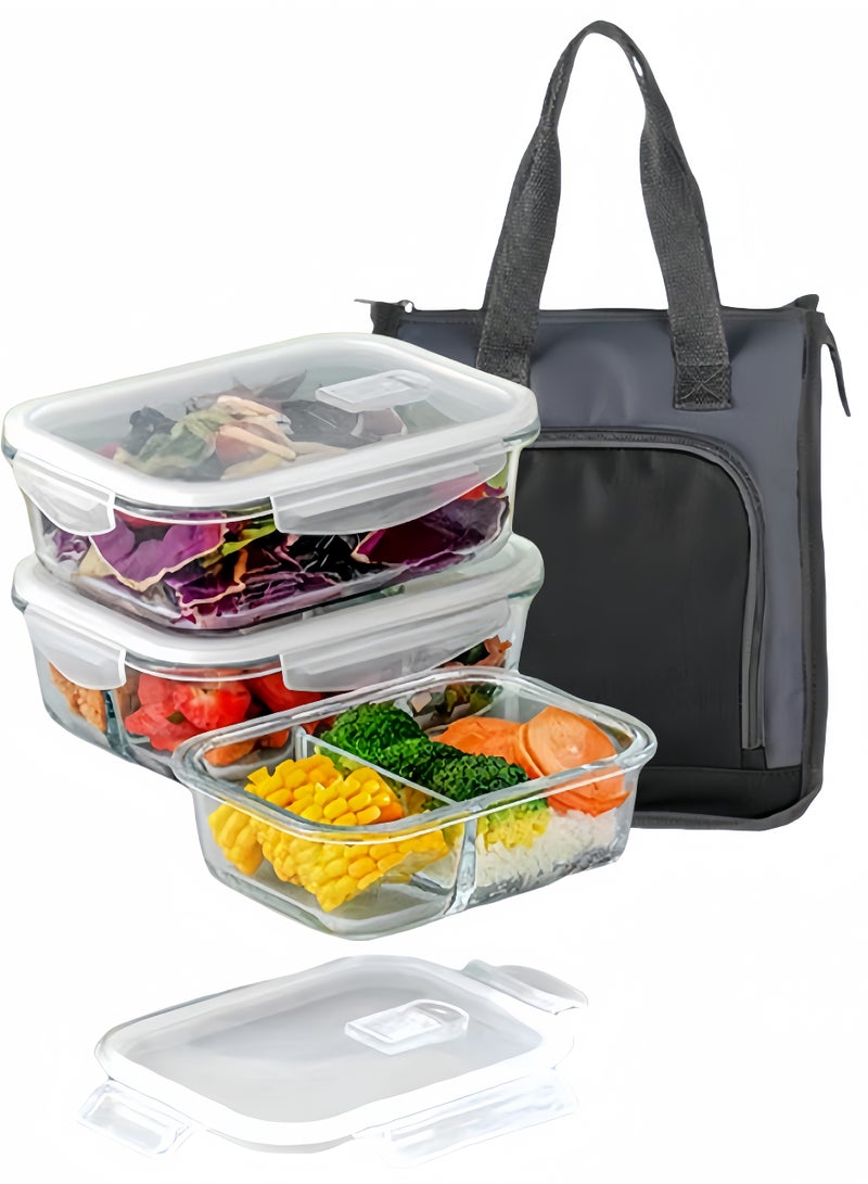 Browning 3 Piece Large Capacity Microwave Heating High Borosilicate Food Grade Glass Lunch Boxes Glass Bowls Sealed Crisper Box ,Lunch Boxes Office,Lunch Boxes School,1040ml, 1040ml, 640ml with Insulation Bag - Image 1