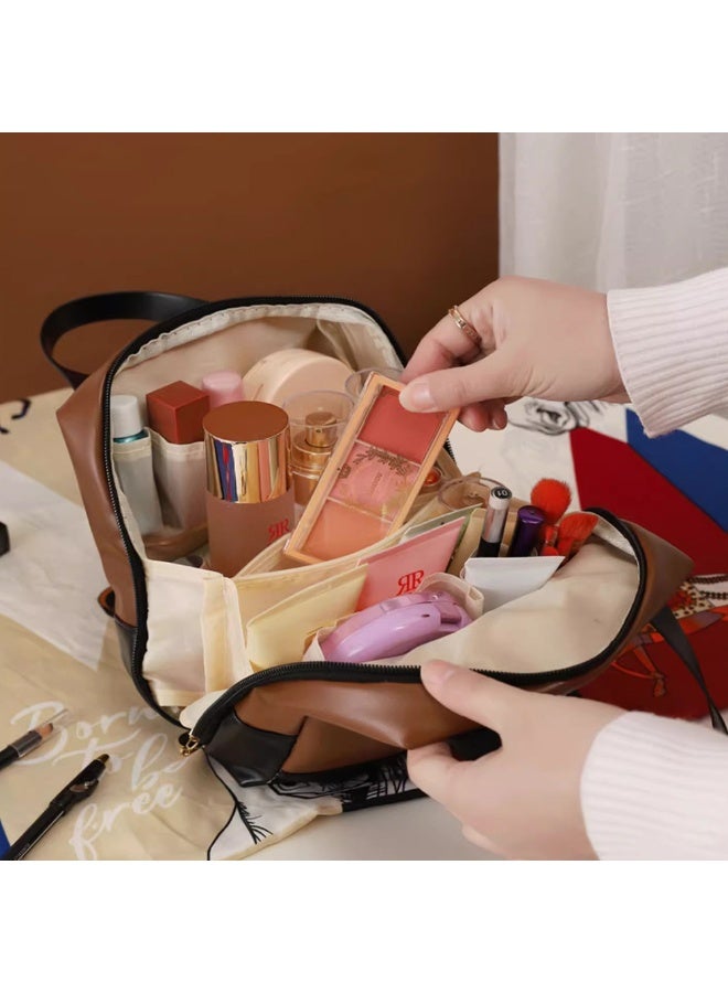 حقيبة مكياج سفر من جلد البولي يوريثان، حقائب مستحضرات تجميل كبيرة السعة للنساء، منظم مكياج محمول مفتوح مع فاصل ومقبض، مناسب للتسوق والسفر والتنقل إلى العمل والتخييم - Image 2