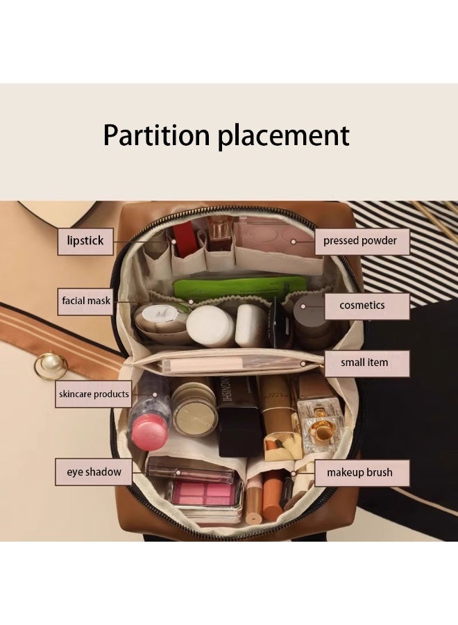 حقيبة مكياج سفر من جلد البولي يوريثان، حقائب مستحضرات تجميل كبيرة السعة للنساء، منظم مكياج محمول مفتوح مع فاصل ومقبض، مناسب للتسوق والسفر والتنقل إلى العمل والتخييم - Image 3