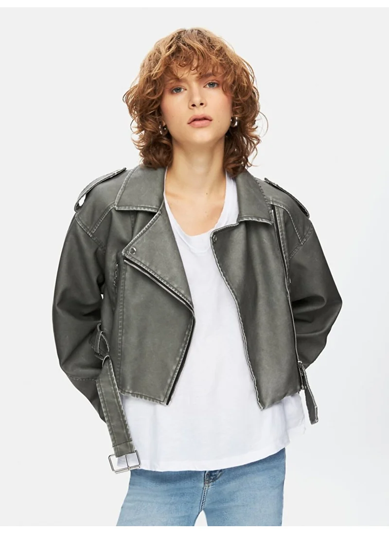 إل تي بي Faded Effect Cuban Collar Zippered Grey Jacket